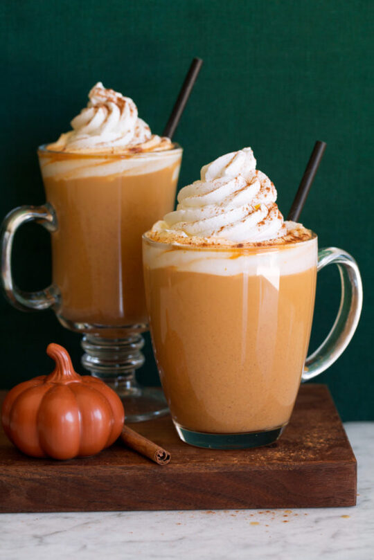 _*Pumpkin Spice Latte*_ /A homemade Pumpkin Spice Latte that’s just as good as Starbucks if not better! Plus it can be made at a fraction of the cost and enjoyed in the comfort of your own home in your pjs. It’s the perfect cozy way to welcome autumn!/ #BrownSugar #Coffee #HeavyCream #Milk #PumpkinPieSpice #VanillaExtract Servings: 3 Ready in: 10 minutes Prep: 5 minutes Cook: 5 minutes Ingredients: Whipped topping 1/2 cup heavy cream 1 Tbsp granulated sugar Latte 2 cups 2% milk 6 Tbsp canned pumpkin puree 3 Tbsp brown sugar, or to taste 1/2 tsp pumpkin pie spice, plus more for garnish 1 tsp vanilla extract 3/4 cup strong brewed coffee or espresso (can use 1/4 cup more for stronger flavor) Orange gel food coloring or natural food coloring (optional) Instructions: *1.* For the whipped topping: In a medium mixing bowl using an electric hand mixer whip together heavy cream with sugar on high speed until stiff peaks form. Transfer to a piping bag fitted with a star tip (or you can just spoon it over the latte). *2.* For the latte: In a small saucepan whisk together milk, pumpkin, brown sugar, and pumpkin pie spice. Heat until its warmed (you can test a sip with a spoon). *3.* Remove from heat, stir in hot coffee or espresso and vanilla extract. Tint with food color if desired (it should only take a few drops). *4.* Pour into three mugs. Top with whipped cream and sprinkle pumpkin pie spice over to taste. Serve right away. Notes: Recipe makes three smaller servings (about 1 cup) or 2 larger servings (about 1.5 cups). Nutrition estimate is based on being split into 3 servings. https://www.cookingclassy.com/pumpkin-spice-latte/