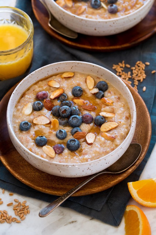 _*Multigrain Porridge*_ /Such a comforting and delicious breakfast made with three types of nutritious whole grains. It's a very hearty and filling, it has a soft yet chewy texture, and whole grain nutty flavor./ #Amaranth #Cinnamon #Farro #MapleSyrup #Milk #Oats Servings: 4 Ready in: 35 minutes Prep: 5 minutes Cook: 30 minutes Ingredients: 1/2 cup steel cut oats (not quick cooking) 1/2 cup farro, rinsed in a fine sieve and drained 1/2 cup amaranth, rinsed in a fine sieve and drained* 4 cups water 1/4 tsp (heaping) salt 1/2 cup milk, plus more to thin 1/2 tsp ground cinnamon 1 - 2 Tbsp real maple syrup, or more to taste Instructions: *1.* Add steel cut oats, farro, amaranth, water and salt to a large saucepan and stir. *2.* Bring mixture to a simmer over medium-high heat. Then reduce heat to low and simmer uncovered until nearly tender, stirring occasionally, about 25 minutes. *3.* Add milk and cinnamon and cook, stirring frequently, until tender, about 5 minutes longer while thinning with more milk as desired. *4.* Stir in maple syrup, add desired toppings. Serve warm. Notes: If you don't have a sieve fine enough to rinse the amaranth you can skip this step. I buy amaranth here. Good toppings include chopped nuts, dried fruit like raisins or dried cranberries, fresh berries, bananas, peaches, mangos, apples, coconut, nut butters, fruit curds, jams or syrups.