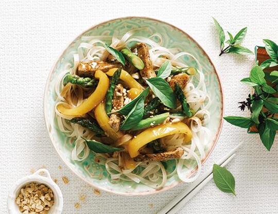 _*Asparagus Pork Stir-Fry*_ /Garnish this Vietnamese-style stir-fry with chopped peanuts and fresh Thai basil. Serve over rice noodles./   #CalendarRecipe #Lunch #Dinner  Serves: 4 Preparation Time: 15 minutes Cooking Time: 15 minutes  Ingredients:  1/2 cup (125 mL) water 2 tbsp (25 mL) fish sauce 1 tbsp (15 mL) oyster sauce 1 tsp (5 mL) each granulated sugar, cornstarch and soy sauce 1/4 tsp (1 mL) crushed red pepper flakes 1 Ontario Pork Tenderloin (about 12 oz/375 g) 1/4 tsp (1 mL) pepper 2 tbsp (25 mL) vegetable oil 1 lb (500 g) Ontario Asparagus, trimmed and sliced into bite-size pieces 1/2 cup (125 mL) thinly sliced Ontario Shallots 2 tsp (10 mL) minced fresh gingerroot 3 cloves garlic, minced 1 Ontario Greenhouse Sweet Yellow Pepper, sliced into strips 1 tbsp (15 mL) rice vinegar  Instructions: *1.* In small bowl, whisk together, 1/4 cup (50 mL) of the water, fish sauce, oyster sauce, sugar, cornstarch, soy sauce and red pepper flakes; set aside.  *2.* Slice pork into bite-size strips; season with pepper. In large nonstick skillet, heat 1 tbsp (15 mL) of oil over medium-high heat. Stir-fry pork in batches until browned; transfer to bowl.  *3.* Add remaining oil to skillet; add asparagus, shallots, ginger, garlic and pepper strips; stir-fry for 2 minutes. Stir in remaining water; reduce heat to medium, cover and cook until asparagus is tender-crisp, about 4 minutes. Stir in reserved sauce and pork with any accumulated juices; stir-fry until pork is heated through and sauce is thickened, about 2 minutes.  Remove from heat and stir in vinegar.  *4.* Place pork tenderloin in the freezer for 20 minutes to make it easier to slice.