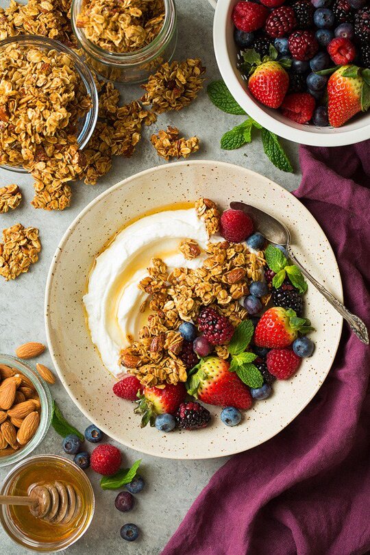 _*Honey Almond Granola*_ /Honey Almond Granola will quickly become a favorite DIY recipe! This is so easy to make, it's deliciously sweet, perfectly crunchy and you'll love those bits of nuts! It's perfect paired with milk or serve with yogurt and fruit, it also makes a great on the go snack. / #AlmondExtract #Almonds #BrownSugar #CoconutOil #EggWhites #Honey #Oats #VanillaExtract Servings: 9 Ready in: 35 minutes Prep: 10 minutes Cook: 25 minutes Ingredients: 3 cups (270g) rolled oats (don't use quick oats) 1 cup (150g) almonds, chopped 1/3 cup (36g) ground flax seeds 1/4 cup (58g) coconut oil, melted and cooled slightly 1/3 cup (110g) honey 1/3 cup (77g) packed light-brown sugar 1/2 tsp vanilla extract 1/4 tsp almond extract 1 large egg white 1/4 tsp fine sea salt Instructions: *1.* Preheat oven to 325 degrees (if your oven cooks hot be sure to decrease the temperature as needed or the granola will burn. I recommend using an oven thermometer when baking. I always have to reduce my oven by about 15 degrees to get the right temp). Line a rimmed 18 by 13-inch baking sheet with parchment paper, set aside. *2.* In large mixing bowl lightly toss together oats, almonds and ground flax seeds. In a medium mixing bowl whisk together coconut oil, honey, brown sugar, vanilla extract, almond extract, egg white and salt until very well blended. Pour honey mixture over oat mixture and toss well until evenly coated. Pour oat mixture onto prepared baking sheet and spread into an even layer. *3.* Bake in preheated oven 13 minutes, remove from oven and flip granola with a spatula and spread back into an even layer. Continue to bake until granola is just lightly golden brown, about 12 - 17 minutes longer (it won't be crisp until it cools, to check for doneness you can place a small piece in the freezer for about a minute or two and see if it becomes crisp. If it doesn't pop the granola back into the oven for a few minutes. After the granola has cooled for about a minute I like to press down on the granola with my hands while it's still warm, I think it helps it clump together more). Let it cool completely, break into clumps then store in an airtight container. *4.* Recipe source: adapted from my Coconut Granola