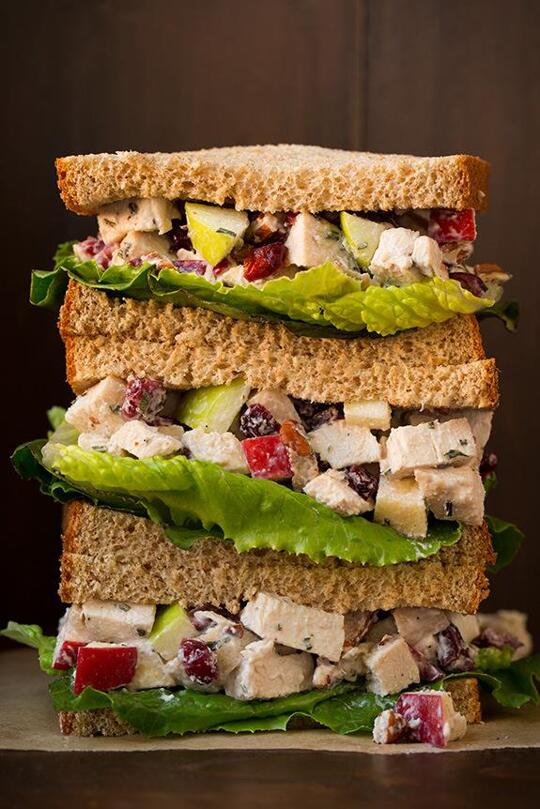 _*Apple Pecan Chicken Salad*_ /Apple Pecan Chicken Salad – this fall inspired recipe is loaded with crisp sweet apples, crunchy pecans, fresh flavorful rosemary, lightly tart cranberries and plenty of chicken. And you’ll love this lighter, creamy dressing made with mostly Greek yogurt and a little bit mayonnaise./   #Apples #Chicken #Cranberries #GreekYogurt #Honey #Mayonnaise #Mustard #OnionPowder #Pecans #RedWineVinegar #Rosemary  Servings: 3 servings Ready in: 20 minutes Prep: 20 minutes Ingredients:  Salad 1 lb boneless skinless chicken breasts, cooked, cooled and dice into small cubes 1 1/4 cups chopped golden delicious apple, or gala or fuji apple (chop small) 1/3 cup chopped pecans 1/3 cup dried cranberries, roughly chopped Dressing 1 (5.3 oz) container fat-free plain greek yogurt (heaping 1/2 cup) 2 Tbsp mayonnaise 1 Tbsp red wine vinegar 2 1/2 tsp finely chopped rosemary 1 tsp dijon mustard 1/2 tsp honey 1/2 tsp onion powder Salt and freshly ground black pepper Lettuce or whole grain bread, for serving  Instructions: *1.* Add chicken, apples, pecans and cranberries to a large mixing bowl.  *2.* In a separate small mixing bowl mix together greek yogurt, mayonnaise, red wine vinegar, rosemary, mustard, honey and onion powder. Season with salt and pepper to taste.  *3.* Pour over chicken mixture then toss to evenly coat. Serve in lettuce or on whole grain bread.   Notes: Nutrition estimate based on using lettuce leaves not bread.