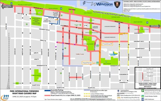 The 2025 Ford Fireworks will light up the sky tomorrow over the Detroit River with the show beginning around 10:05 p.m. Many streets in the downtown area will have restricted access beginning at 6 p.m.

Residents are encouraged to review the detailed map for full road closure and no-parking information and to plan alternate transportation if needed. Transit Windsor will offer free bus service throughout the evening, and park 'n' ride shuttle buses will operate from Devonshire Mall.  https://www.facebook.com/photo/?fbid=1131446255467148&set=a.295192159092566