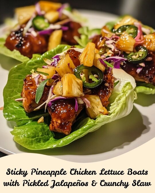 Sticky Pineapple Chicken Lettuce Boats with Pickled Jalapeños & Crunchy Slaw Ingredients  For the Chicken:  1 lb chicken breast, diced  1/2 cup pineapple chunks  2 tbsp soy sauce  1 tbsp honey  1 tbsp rice vinegar  1 tbsp ginger, grated  Salt and pepper to taste  For the Slaw:  1 cup shredded cabbage  1/4 cup shredded carrots  1 tbsp mayonnaise  1 tsp rice vinegar  1 tsp honey  Salt and pepper to taste  For the Pickled Jalapeños:  1/4 cup vinegar  1 tbsp sugar  1 jalapeño, sliced  For the Boats:  Romaine lettuce leaves  Instructions  Pickle the Jalapeños:  In a small bowl, combine vinegar, sugar, and jalapeño slices. Let sit for 30 minutes to pickle.  Cook the Chicken:  In a skillet, cook diced chicken until browned.  Add pineapple, soy sauce, honey, rice vinegar, ginger, salt, and pepper.  Simmer for 5 minutes until the sauce thickens.  Prepare the Slaw:  In a bowl, combine shredded cabbage, carrots, mayonnaise, rice vinegar, honey, salt, and pepper. Toss to coat.  Assemble the Lettuce Boats:  Spoon some sticky pineapple chicken into each lettuce leaf.  Top with crunchy slaw and pickled jalapeños.  Serve immediately.