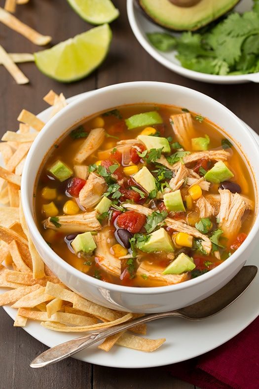 _*Slow Cooker Chicken Tortilla Soup*_ /A flavorful, hearty and comforting Chicken Tortilla Soup made easy with the slow cooker! It's perfect for serving year round but it's especially satisfying on a chili day. Just be sure to load on those toppings!/  #BlackBeans #Chicken #ChickenBroth #ChiliPowder #Cilantro #Coriander #Corn #Cumin #LimeJuice #Onions #Paprika #Tomatoes  Servings: 5 Servings Ready in: 6 hours 15 minutes Prep: 15 minutes Cook: 6 hours  Ingredients:  4 1/2 cups low-sodium chicken broth 1 (14.5 oz) can can petite diced tomatoes 1 1/4 cups finely chopped yellow onion 3 cloves garlic , minced 1 Tbsp chili powder 2 tsp ground cumin 3/4 tsp paprika 1/2 tsp ground coriander Salt and freshly ground black pepper , to taste 1 1/2 lbs boneless skinless chicken breasts 1 (14.5 oz) can black beans, drained and rinsed 1 1/2 cups frozen corn 1 Tbsp fresh lime juice 1/4 cup chopped fresh cilantro For serving: Tortilla strips or tortilla chips Shredded cheddar or monterey jack cheese Diced avocado , diced roma tomatoes, sour cream (optional)  Instructions: *1.* Pour chicken broth and diced tomatoes into a slow cooker. Add onion, garlic, chili powder, cumin, paprika, coriander and season with salt and pepper to taste. *2.* Add chicken breasts then cover with lid and cook on LOW heat 6 hours, or until chicken is cooked through. *3.* Remove chicken and shred, then return to slow cooker along with black beans, corn, cilantro and lime juice, stir. Allow to cook until heated through. *4.* Serve warm with tortilla strips and cheese and other optional ingredients.  Notes: Be sure to finely chop the onion so it cooks through in time and is tender. Try adding in canned tomatoes with mild green chilies. Try it with a diced red bell pepper for another veggie. Add a seeded diced jalapeno or two if you like some heat. Make your own fried or baked tortilla strips if desired (instructions HERE, scroll down a little ways). Toppings not included in nutritional info.