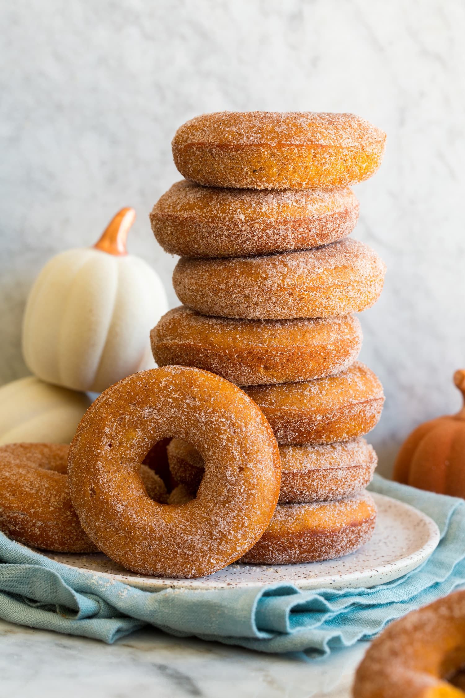 _*Pumpkin Donuts*_ /Easy Pumpkin Donuts are tender, fluffy, cake-like donuts made with a spiced pumpkin batter that bakes up beautifully golden brown and to finish they are dusted with a sweet cinnamon sugar coating. These baked donuts are such a tempting fall treat!/   #CanolaOil #Cinnamon #Eggs #Flour #Ginger #Nutmeg #Pumpkin #Sugar  Servings: 18 Ready in: 35 minutes Prep: 20 minutes Cook: 15 minutes  Ingredients:  1 2/3 cups (235g) all-purpose flour (scoop and level to measure) 1 1/2 tsp baking powder 1 tsp salt 1 tsp ground cinnamon 1/2 tsp ground nutmeg 1/4 tsp ground ginger 1/8 tsp ground cloves 3/4 cup (150g) packed light-brown sugar, broken up with fingertips 1/2 cup (100g) granulated sugar 1/2 cup canola oil or vegetable oil 3 large eggs 1 1/2 cups (340g) canned pumpkin puree 1 tsp vanilla extract Coating 1/3 cup granulated sugar 1 tsp ground cinnamon  Instructions: *1.* Preheat oven to 350 degrees.  *2.* In a mixing bowl whisk together flour, baking powder, salt, 1 tsp cinnamon, the nutmeg, ginger, and cloves. Make a well in center of mixture and set aside.  *3.* In a separate large mixing bowl whisk together brown sugar, 1/2 cup granulated sugar, canola oil, eggs, pumpkin puree and vanilla extract until well blended.  *4.* Add dry ingredients to pumpkin mixture and mix and fold with a silicone spatula until well combined and there are no longer streaks of flour (it may be slightly lumpy and that's okay).  *5.* Spray donut pans - 18 wells total (three 6-well pans). Spoon or pipe batter into donut wells, filling each about 3/4 full (a scant 1/4 cup in each).  *6.* Bake in preheated oven until toothpick inserted into center comes out clean, 13 - 16 minutes. Cool doughnuts slightly.  *7.* Meanwhile in a container whisk together 1/3 cup sugar and 1 tsp cinnamon. Add one lightly warm doughnut to container cover and shake with sugar mixture to coat. Note that if the sugar mixture isn't sticking very well to top side of donuts then spray them lightly with non-stick cooking spray and it will stick beautifully.  *8.* Place on wire rack to cool completely. Store pumpkin donuts in an airtight container.