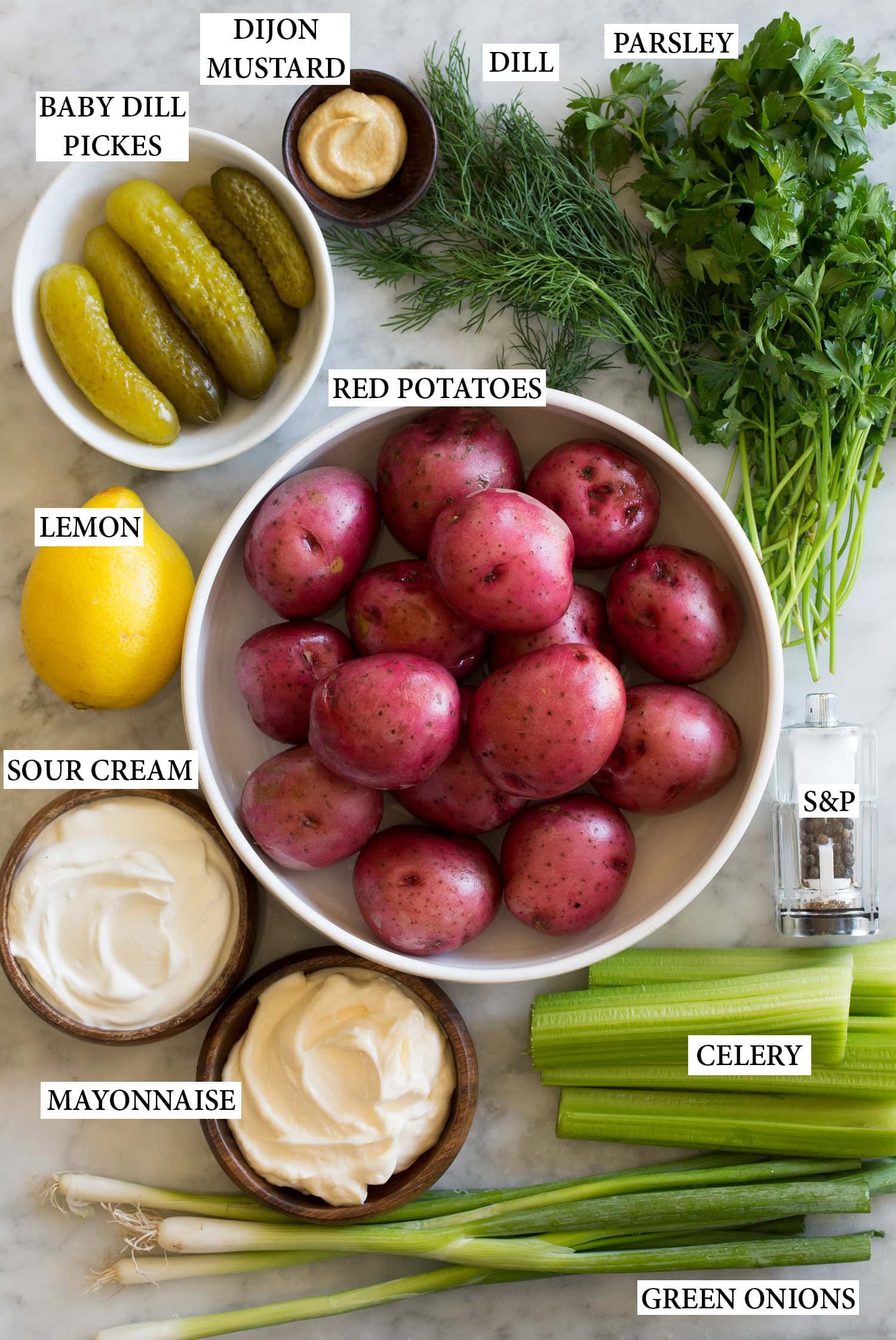 _*Red Potato Salad*_ /Refreshing Red Potato Salad – made with flavorful red skinned potatoes, a creamy, vibrantly lemony dressing, and fresh herbs. It’s a traditional summer side dish that pairs well with all your bbq favorites./   #SidesSauces #Celery #DijonMustard #Dill #Lemons #Mayonnaise #Parsley #Pickles #RedPotatoes #SourCream  Prep: 20 minutes. Cook: 30 minutes. Ready in: 50 minutes.  Ingredients: 1: 2 1/2 lbs. red potatoes, cut into bite size chunks. 2: 2/3 cup sour cream. 3: 1/2 cup mayonnaise. 4: 2 1/2 Tbsp fresh lemon juice. 5: 1 Tbsp dijon mustard. 6: 2/3 cup chopped green onions. 7: 1/4 cup chopped fresh parsley. 8: 1 1/2 Tbsp minced fresh dill. 9: Salt and black pepper to taste. 10: 1/2 cup diced celery. 11: 1/2 cup diced baby dill pickles.  Instructions: 1: Place potatoes in a large pot and cover with water by about 1-inch. Bring to a boil over medium-high heat and season with salt to taste. 2: Reduce heat to medium and let simmer until potatoes are tender but fairly firm (they should hold their shape when pierced not crumble), about 9 to 10 minutes. 3: Drain potatoes and let cool (to speed cool you can transfer to a ice bath of water and cool a few minutes then drain). 4: In a large mixing bowl whisk together sour cream, mayonnaise, lemon juice, dijon mustard, green onions, parsley, dill, and season with salt and pepper to taste. 5: Add cooled potatoes to the large bowl with the dressing, add celery and dill pickles. Toss mixture to evenly coat. 6: You can serve right away or refrigerate for up to 3 days in an airtight container. Thin with a little milk or water as it rests as needed. 