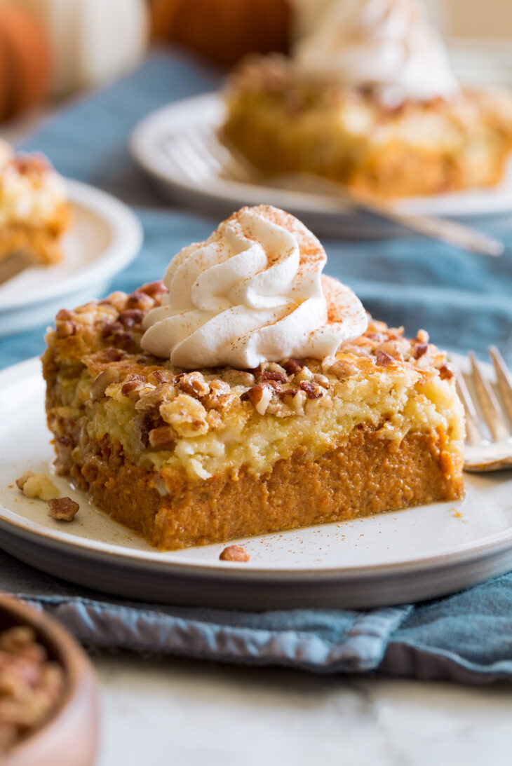 _*Pumpkin Dump Cake*_ /Easy Pumpkin Dump Cake! This is like two delicious dessert flavors in one – creamy pumpkin pie paired with rich yellow cake. It’s a delicious duo, made with shortcut ingredients, and it’s very reminiscent of a rustic cobbler./   #BrownSugar #Butter #CakeMix #Eggs #HalfAndHalf #Pecans #Pumpkin #Sugar #VanillaExtract  Servings: 15 Ready in: 2 hours 5 minutes Prep: 15 minutes Cook: 50 minutes  Ingredients:  1 (29 oz) can pumpkin (not pumpkin pie filling) 1 1/2 cups half and half* 4 large eggs 1 1/2 tsp vanilla extract (optional) 1 cup (200g) packed light brown sugar 1 Tbsp pumpkin pie spice** 1/2 tsp salt 1 (13 to 15 oz) pkg. yellow cake mix, such as Betty Crocker 3/4 cup (170g) unsalted butter, cold, diced into thin 1/2 Tbsp pieces 3/4 cup pecan chips, or chopped pecans Sweetened whipped cream, vanilla ice cream, or salted caramel sauce, for serving (optional)  Instructions: *1.* Preheat oven to 350 degrees. Spray a 13 by 9-inch baking dish with non-stick cooking spray.  *2.* In a large mixing bowl whisk together pumpkin, half and half, eggs, vanilla extract, brown sugar, pumpkin pie spices and salt. Whisk several minutes until well combined.  *3.* Pour pumpkin mixture into prepared baking dish then wiggle pan to level the mixture out even.  *4.* Gently rub the cake mix package to break up any clumps then cut one corner from the package and gently pour mixture evenly over pumpkin mixture layer in pan.  *5.* Using your hand gently spread the top surface of cake mix out even (being careful not to submerge it into the pumpkin mixture).  *6.* Evenly sprinkle pecan pieces over cake mix layer then evenly dot with butter pieces.  *7.* Bake in oven until pumpkin filling is nearly set, the cake should just wiggle slightly, about 50 to 60 minutes.  *8.* Transfer to wire rack to cool. You can serve warm (which is messier but delicious), or cool for 1 hour before cutting into cleaner slices. These can also be served cold from the fridge.  *9.* If desired served with sweetened whipped cream, vanilla ice cream or salted caramel sauce on top.   Notes: *You can also use 1 cup milk and 1/2 cup heavy cream in place of half and half. **You can make your own pumpkin pie spice blend by mixing 2 tsp cinnamon 1/2 tsp nutmeg, 1/4 tsp ginger and 1/4 tsp cloves or allspice. Nutrition estimate does not include toppings to serve over cake.  