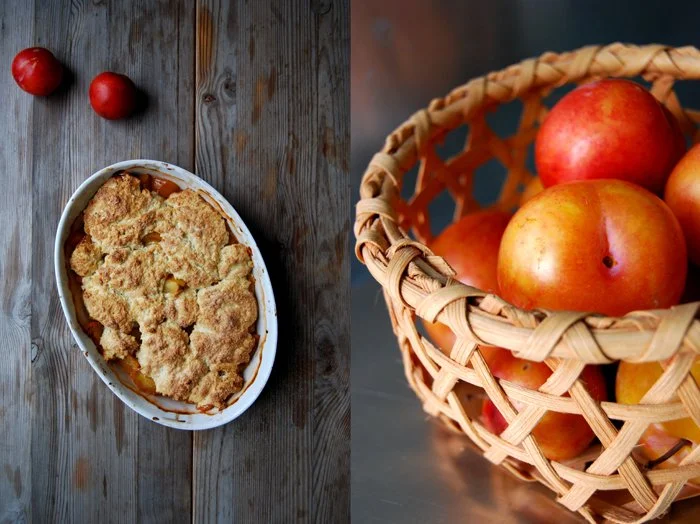 _*Yellow Plum Cobbler*_ /A fruity cobbler is one of the quickest, most comfortable and delicious morning sweets you can put on your breakfast table, with short preparation (unlike my Friday's brioche) and a satisfying result! The pastry is a smooth scone dough with sour cream, thrown together in just a few minutes. It turns into a light golden crust lying on top of the fruity filling like fluffy clouds./     INGREDIENTS: 1: yellow plums, sliced, 600g / 1.5 pounds. 2: granulated sugar 4 tablespoons. 3: ground cinnamon 1/2 teaspoon. 4: plain flour 200g / 7 ounces. 5: granulated sugar 2 tablespoons plus 1 tablespoon for the topping. 6: ground cinnamon 1/4 teaspoon. 7: baking powder 1 1/2 teaspoons. 8: a pinch of salt. 9: butter, cold, 100g / 3.5 ounces. 10: sour cream 160ml / 5.5 ounces.  INSTRUCTIONS:  1-6: /weren't actual instructions/  7: Set the oven to 190°C / 375°F (fan assisted oven). 8: Spread the plums in a baking dish and coat with the sugar mixed with cinnamon. 9: For the pastry, combine the dry ingredients. Cut the butter with a knife into the flour until there are just crumbly pieces left. Continue with your fingers, rub the buttery pieces into the flour until combined. Mix in the sour cream with a spoon until combined. Break the soft dough into pieces, gently flatten them and put them on top of the plums, they should be almost covered. Sprinkle with a tablespoon of sugar and some more cinnamon if you like and bake in the oven for 35 minutes or until golden brown on top. Serve warm. 10: © 2024 Meike Peters