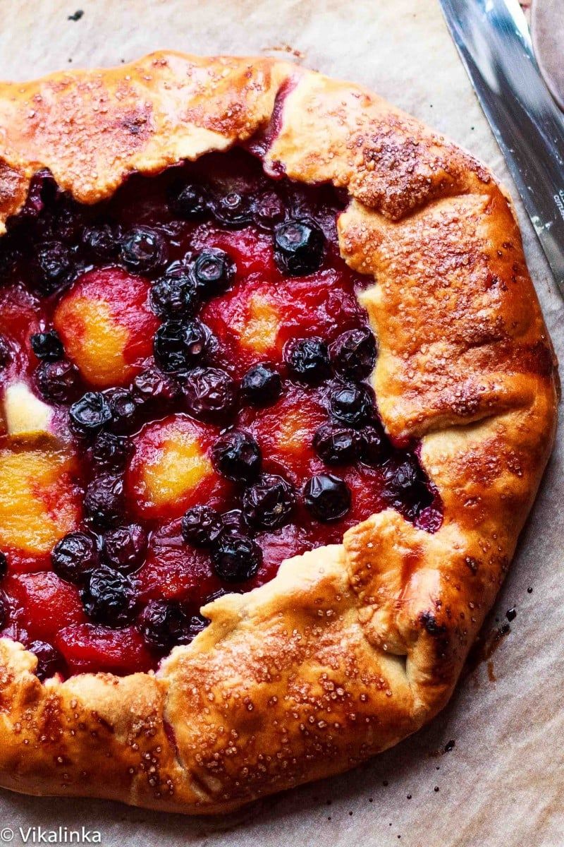_*YELLOW PLUM AND BLUEBERRY GALETTE*_ /This yellow plum and blueberry galette is so much easier to make than a traditional pie and tastes just as good!/   #PlumAndBlueberryGalette   PREP TIME: 10 mins. COOK TIME: 40 mins.  INGREDIENTS: 1: 15 yellow plums. 2: 150g/1 cup blueberries. 3: 25g/1/4 cup sugar plus extra for dusting. 4: 1 tsp vanilla essence. 5: 70ml/1/4 cup water. 6: 500g/18 oz prepared pie crust your favourite recipe or pre-made. 7: 1 egg beaten.  INSTRUCTIONS: 1: Preheat your oven to 400F/200C. 2: In a saucepan combine plums, split in half and pits removed, sugar, vanilla and water. Cook on medium heat for 10 minutes or until the plums are tender. The length of this step will depend on how hard your plums are, if they are ripe feel free to skip this step. Remove the plums from the pan to a plate and let them cool. 3: Meanwhile dust your work surface with some flour and roll out your pastry 12" in diameter. Wrap the pastry around the rolling pin and transfer it on a baking sheet lined with parchment paper. Arrange your plums cut side down and blueberries attractively on the the pastry leaving an inch wide border filling free. 4: Fold the border over the fruit while brushing the pleats of pastry with a beaten egg to hold the pastry in place and also to give your galette a beautiful golden colour. Sprinkle the pastry with additional sugar if desired. Bake in the oven for 25-30 min. 