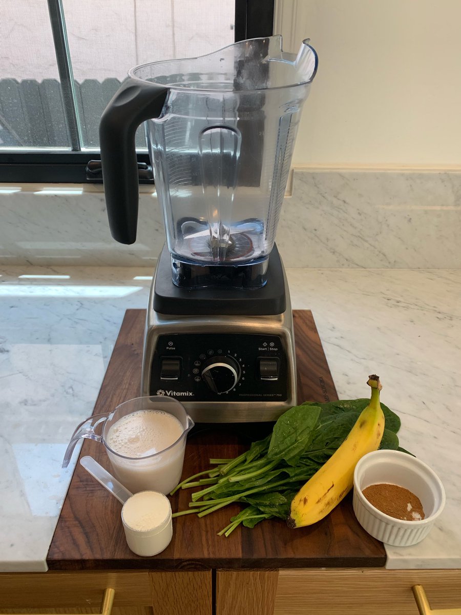 I love this smoothie recipe! I drink it in the morning or post workout.   1 cup unsweetened almond milk 1 cup washed and chopped spinach  1 scoop whey protein powder 1/2 banana Pinch of nutmeg  Pinch of cinnamon  1 drop vanilla extract