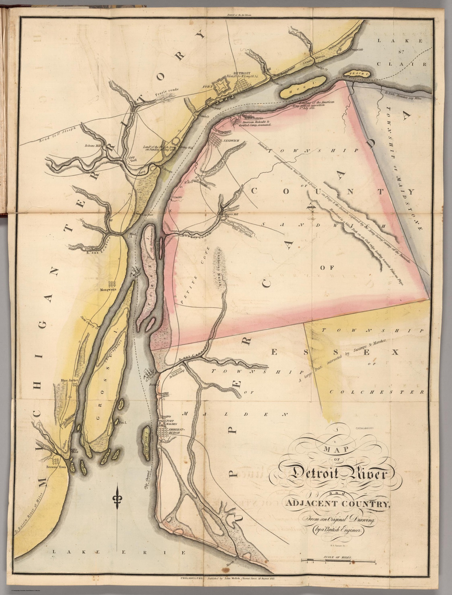 1813. Map of the Detroit River. Shown as Michigan Territory on the left and Upper Canada on the right.  https://www.facebook.com/photo/?fbid=10167609304600454&set=gwww.900684751361166&idorvanity=803160251113617