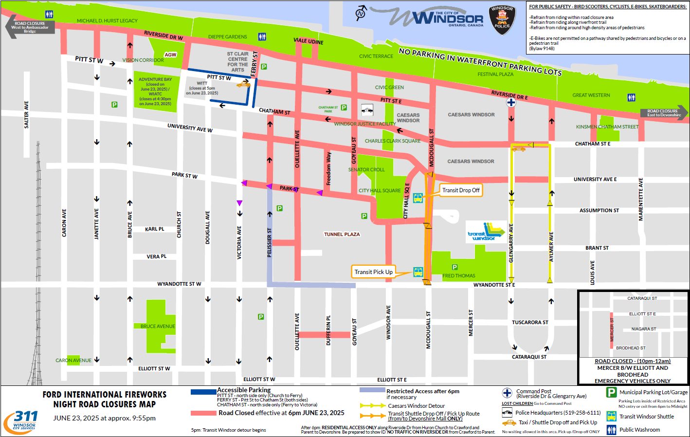 The 2025 Ford Fireworks will light up the sky tomorrow over the Detroit River with the show beginning around 10:05 p.m. Many streets in the downtown area will have restricted access beginning at 6 p.m.

Residents are encouraged to review the detailed map for full road closure and no-parking information and to plan alternate transportation if needed. Transit Windsor will offer free bus service throughout the evening, and park 'n' ride shuttle buses will operate from Devonshire Mall.  https://www.facebook.com/photo/?fbid=1131446255467148&set=a.295192159092566