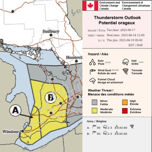 BREAKING 🌪️: Environment Canada forecasting tornado risk, 90km/h wind gusts, 2-3cm hail and 40-60mm rainfall for deep Southwestern Ontario on Wed, June 18, 2025. Included in the ‘A’ risk area; #Windsor, #Sarnia, #ChathamKent, etc. ‘B’ includes #London and #Kitchener with the same risks minus the tornado potential. #ontario #onstorm 