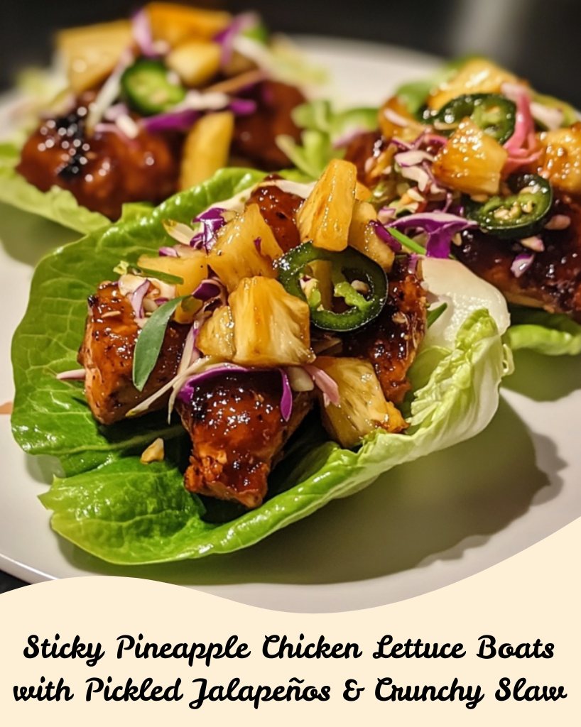Sticky Pineapple Chicken Lettuce Boats with Pickled Jalapeños & Crunchy Slaw Ingredients  For the Chicken:  1 lb chicken breast, diced  1/2 cup pineapple chunks  2 tbsp soy sauce  1 tbsp honey  1 tbsp rice vinegar  1 tbsp ginger, grated  Salt and pepper to taste  For the Slaw:  1 cup shredded cabbage  1/4 cup shredded carrots  1 tbsp mayonnaise  1 tsp rice vinegar  1 tsp honey  Salt and pepper to taste  For the Pickled Jalapeños:  1/4 cup vinegar  1 tbsp sugar  1 jalapeño, sliced  For the Boats:  Romaine lettuce leaves  Instructions  Pickle the Jalapeños:  In a small bowl, combine vinegar, sugar, and jalapeño slices. Let sit for 30 minutes to pickle.  Cook the Chicken:  In a skillet, cook diced chicken until browned.  Add pineapple, soy sauce, honey, rice vinegar, ginger, salt, and pepper.  Simmer for 5 minutes until the sauce thickens.  Prepare the Slaw:  In a bowl, combine shredded cabbage, carrots, mayonnaise, rice vinegar, honey, salt, and pepper. Toss to coat.  Assemble the Lettuce Boats:  Spoon some sticky pineapple chicken into each lettuce leaf.  Top with crunchy slaw and pickled jalapeños.  Serve immediately.
