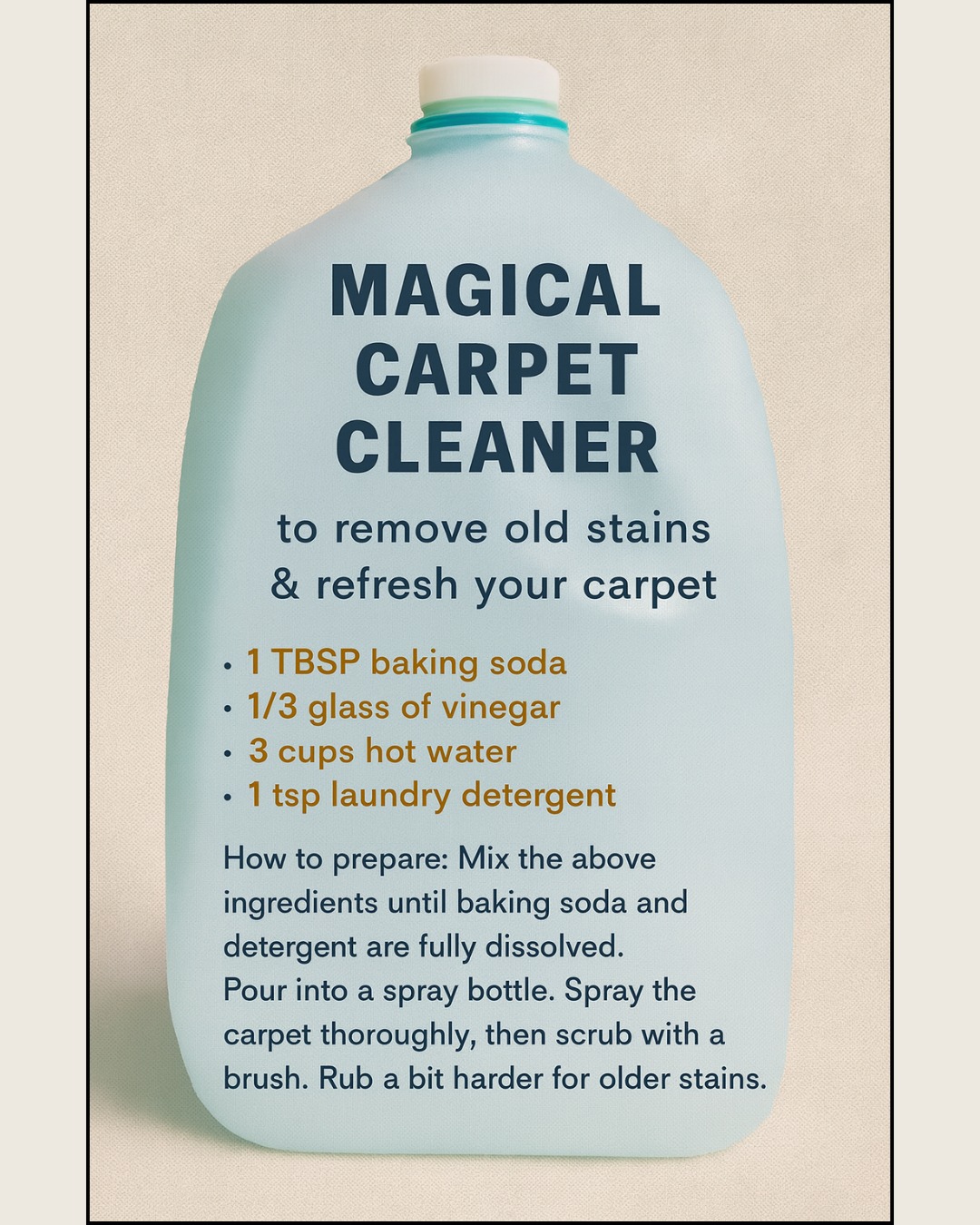 Tired of old carpet stains? 🧼✨ This DIY carpet cleaner may help remove tough spots and refresh your home: 1 TBSP baking soda 1/3 glass of vinegar 3 cups hot water 1 tsp laundry detergent Mix, spray, scrub – and enjoy a fresher carpet!