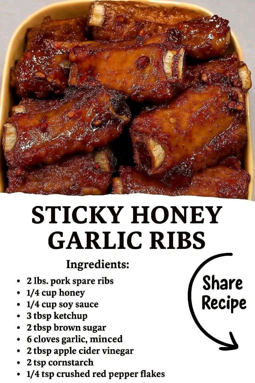 Sticky Honey Garlic Ribs Recipe
Ingredients:
2 lbs pork ribs (baby back or spare ribs)
¼ cup honey
¼ cup soy sauce
2 tablespoons brown sugar
1 tablespoon rice vinegar (or apple cider vinegar)
Recipe in (c.o.m.m.e.n.t ). https://www.facebook.com/photo/?fbid=1490428828759354&set=gwww.4351933218418052&idorvanity=3900180056926706