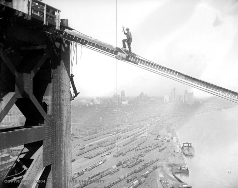 Ambassador Bridge under construction, 1928.  https://www.facebook.com/photo/?fbid=1385324695222144&set=gm.1852997608234256