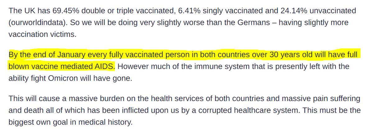 This was sent to dunk on me a month ago. Article says all the vaccinated in England &amp; Germany will have full blown AIDS by the end of January. I waited a month to post this. And you'll see, nobody who agreed with it or shared it will remember or retract. https://dailyexpose.uk/2022/01/02/german-gov-data-suggests-fully-vaccinated-developing-ade https://t.co/hsvNpGBZGf

@DarkMatter2525