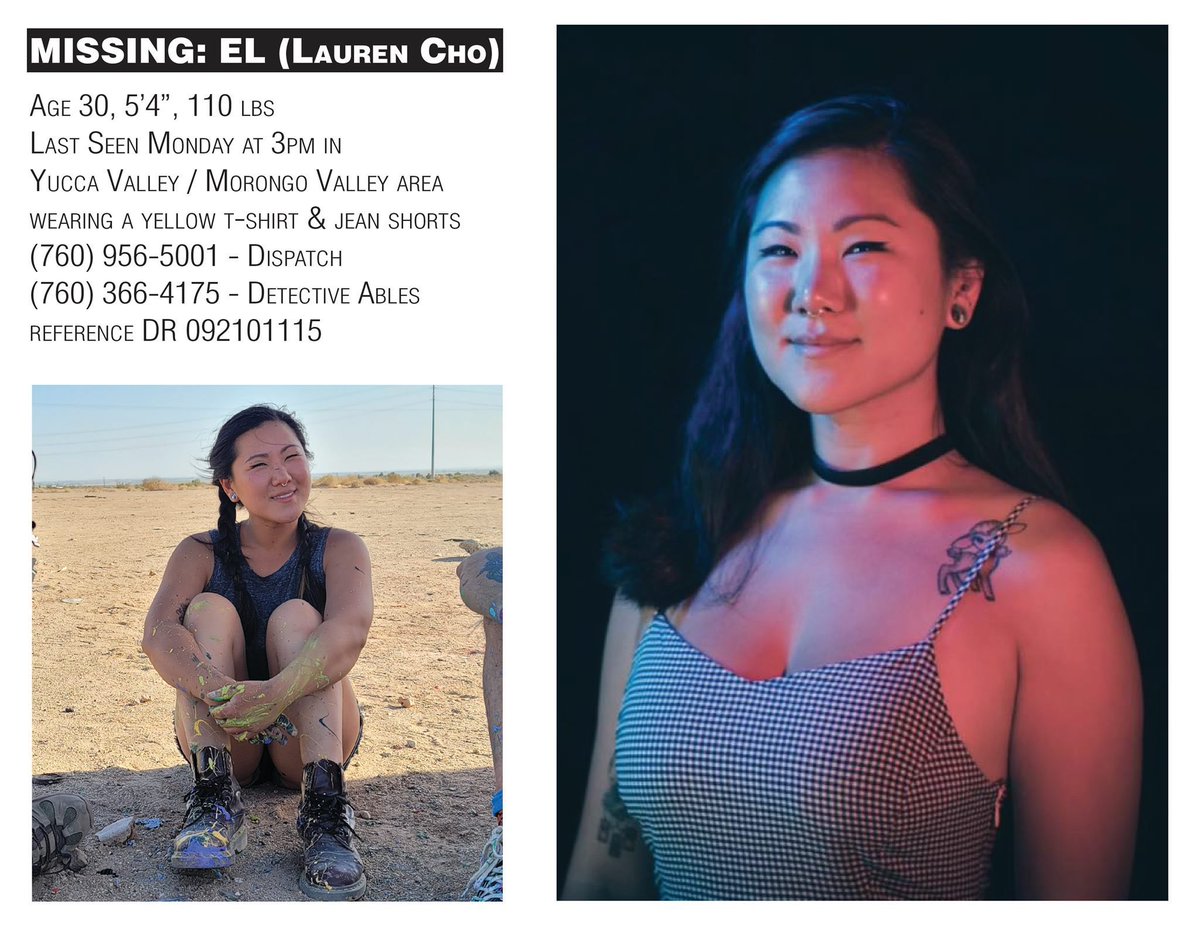 Despite how much it hurts to reopen this, I want to use the attention now and just power through.

This is one of my best friends Lauren Cho (El Cho)

She went missing in Yucca Valley, Ca on June 28th. Please share this as much as you can https://t.co/Y1Izw9XOB7

@loudgoblin