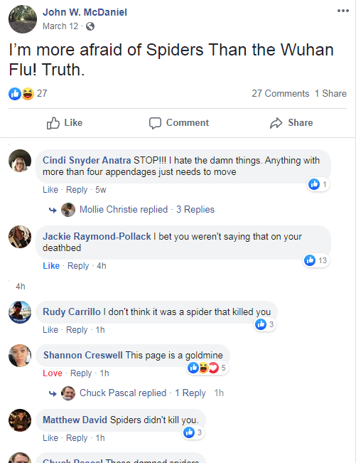 I’m more afraid of Spiders Than the Wuhan