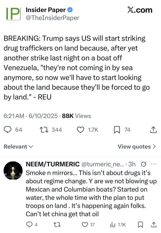 It looks like the U.S. is going to invade Venezuela with some BS excuse of “stopping drug traffickers”. 