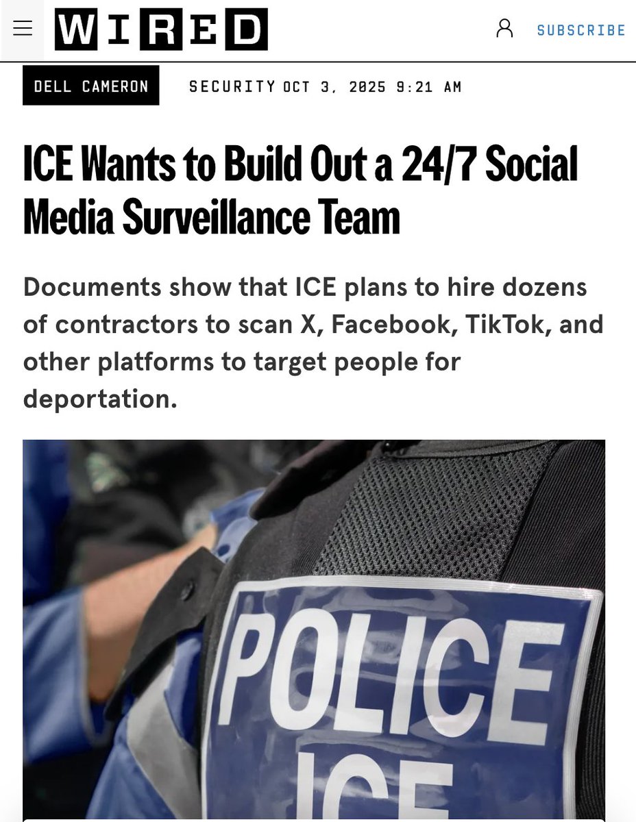 ICE will reportedly hire contractors to surveil social media platforms 24/7 to target people for deportations.  The information would then be funneled into an existing ICE database built by Palantir (founded by Trump ally Peter Thiel).  "The party of small government,” folks. 
