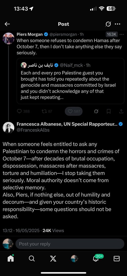 Frances Albanese has just destroyed Piers Morgan with 100x more grace and dignity than Piers has shown at any point in his entire life