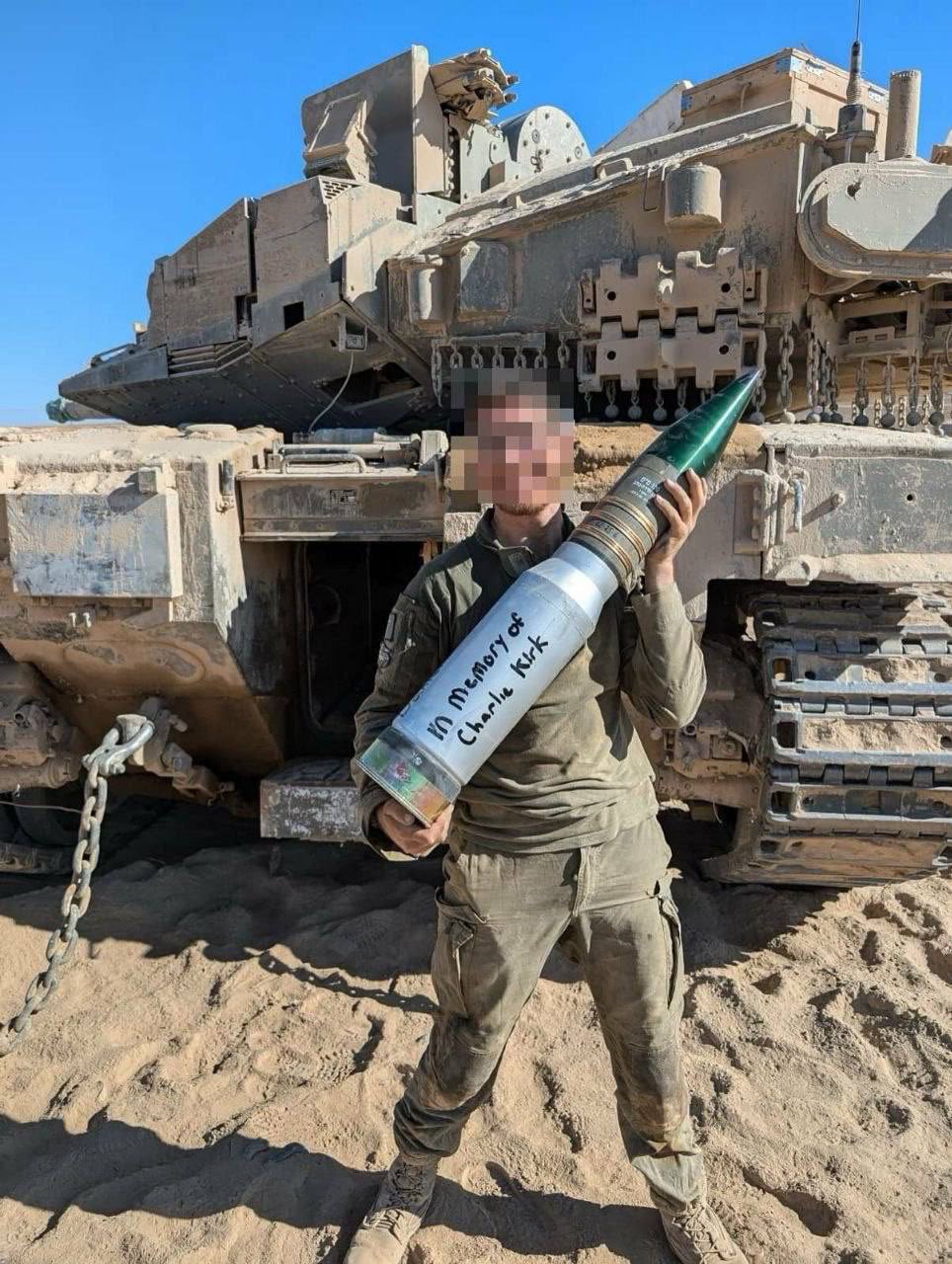 🚨🇵🇸🇺🇸🇮🇱 Israeli terrorists write 'In memory of Charlie Kirk' on shells used to kill CHILDREN in Gaza!  Yesterday, they shelled an ENTIRE residential area in his memory…  WTF?!! 🤬 