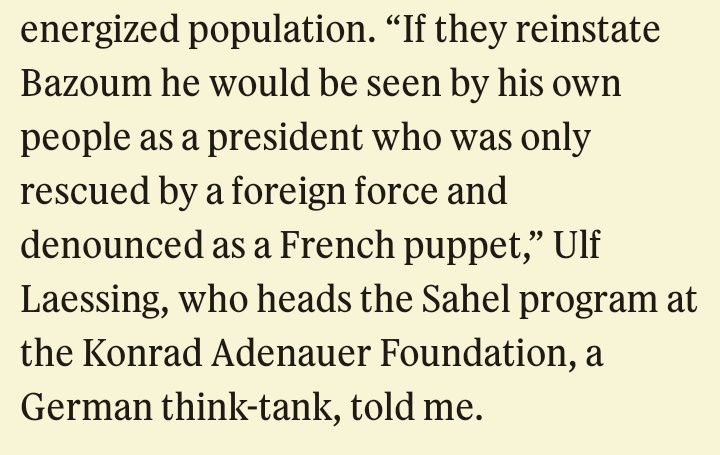 The issues around the Niger situation are multifarious. 
In the rare instance that Bazoum returns as president, this can happen: https://t.co/NcFC2U3don

@Dxpo_