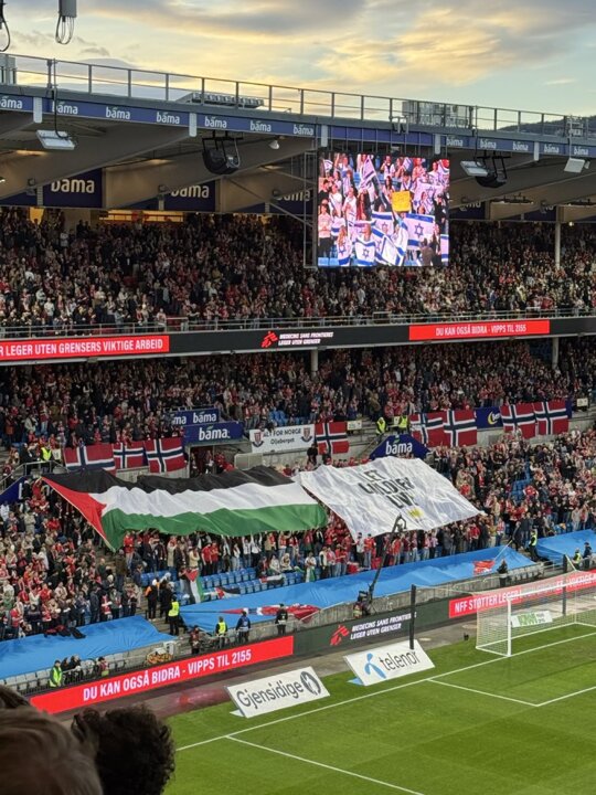 Israel plays Norway in the World Cup qualifiers today in Oslo

Inside the stadium, massive Palestinian flags greet the Israeli players.

Outside, massive protests over why Israel is allowed to play in the first place given the Gaza genocide.

Russia was kicked out for much less.