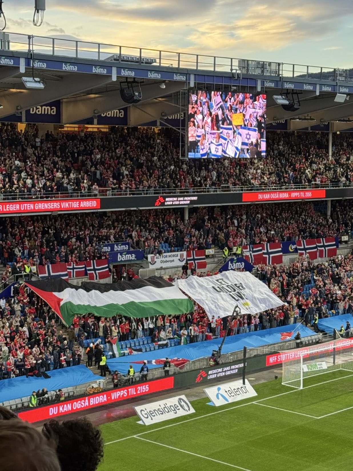 Israel plays Norway in the World Cup qualifiers today in Oslo

Inside the stadium, massive Palestinian flags greet the Israeli players.

Outside, massive protests over why Israel is allowed to play in the first place given the Gaza genocide.

Russia was kicked out for much less.
