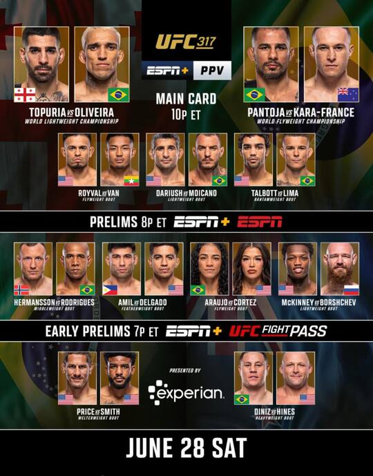 Tonight!! There’s some really exciting matchups on this card that might be flying under the radar. @paytontalbott vs @felipelimamma is going to be a wild one, and @cobe1423 vs @hybridufc should be wild for as long as it lasts.
Then of course the two world title fights, @pantoja_oficial vs @kaikarafrance and @charlesdobronxs vs @iliatopuria! Lots of great undercard matchups  @joerogan