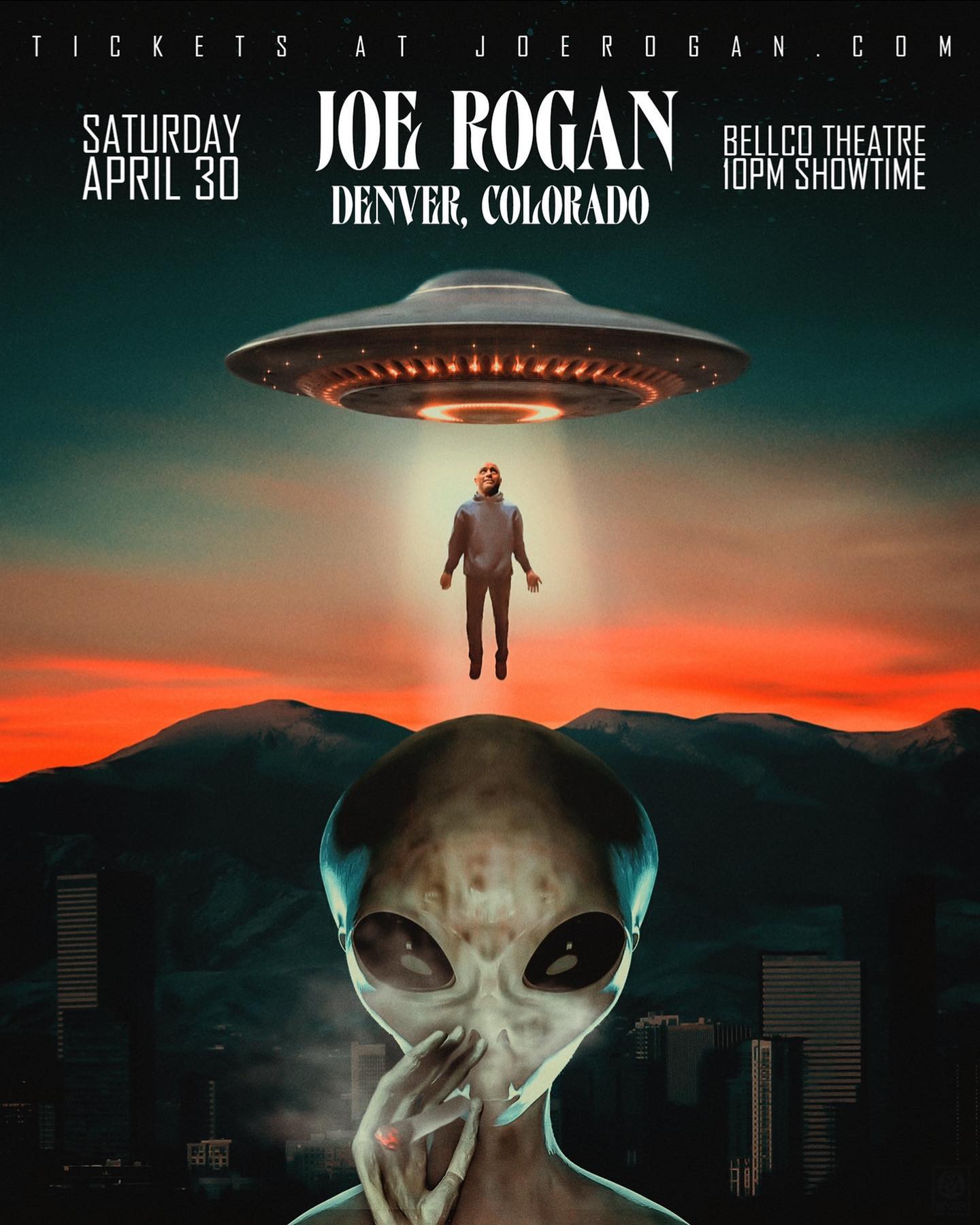 DENVER&hellip; WE COME IN PEACE.
Tickets available for the 10pm show Saturday http://joerogan.com
  @joerogan