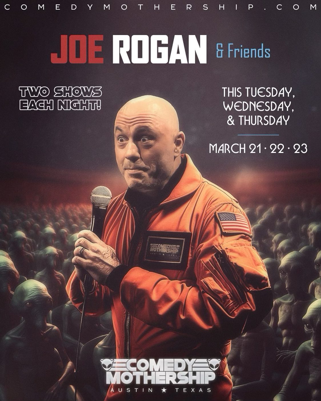 Austin! 2 shows a night at the @comedymothership Tuesday Wednesday and Thursday 7 & 10pm. Tickets go on sale today at 1pm CST comedymothership.com  @joerogan