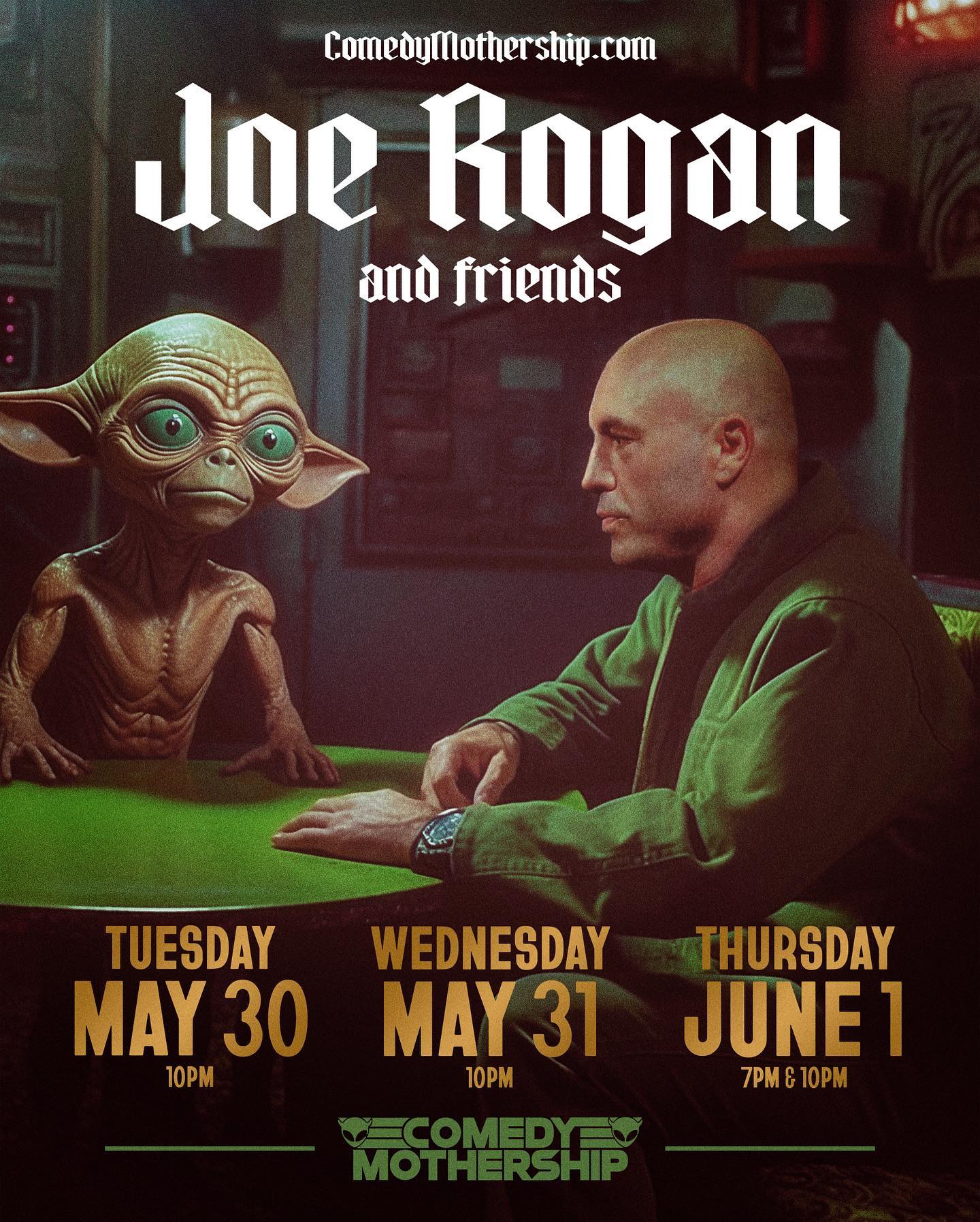 Shows going on sale at 2pm CT! Tickets at comedymothership.com

Tuesday:
Joe Rogan and Friends 10pm in Fat Man
Bottom of the Barrel 7:30 and 10:30 in Little Boy

Wednesday:
Joe Rogan and Friends 10pm in Fat Man
Solid Comedy Show 7:30pm in Little Boy
Holtzman’s Heroes 10:30 pm in Little Boy

Thursday:
Joe Rogan and Friends 7 and 10pm in Fat Man
Comedy Mothership Showcase 7:30 and 10:30pm in Little Boy

Friday and Saturday:
Comedy Mothership Showcase 7:30 and 10:30pm in Little boy<br> @joerogan