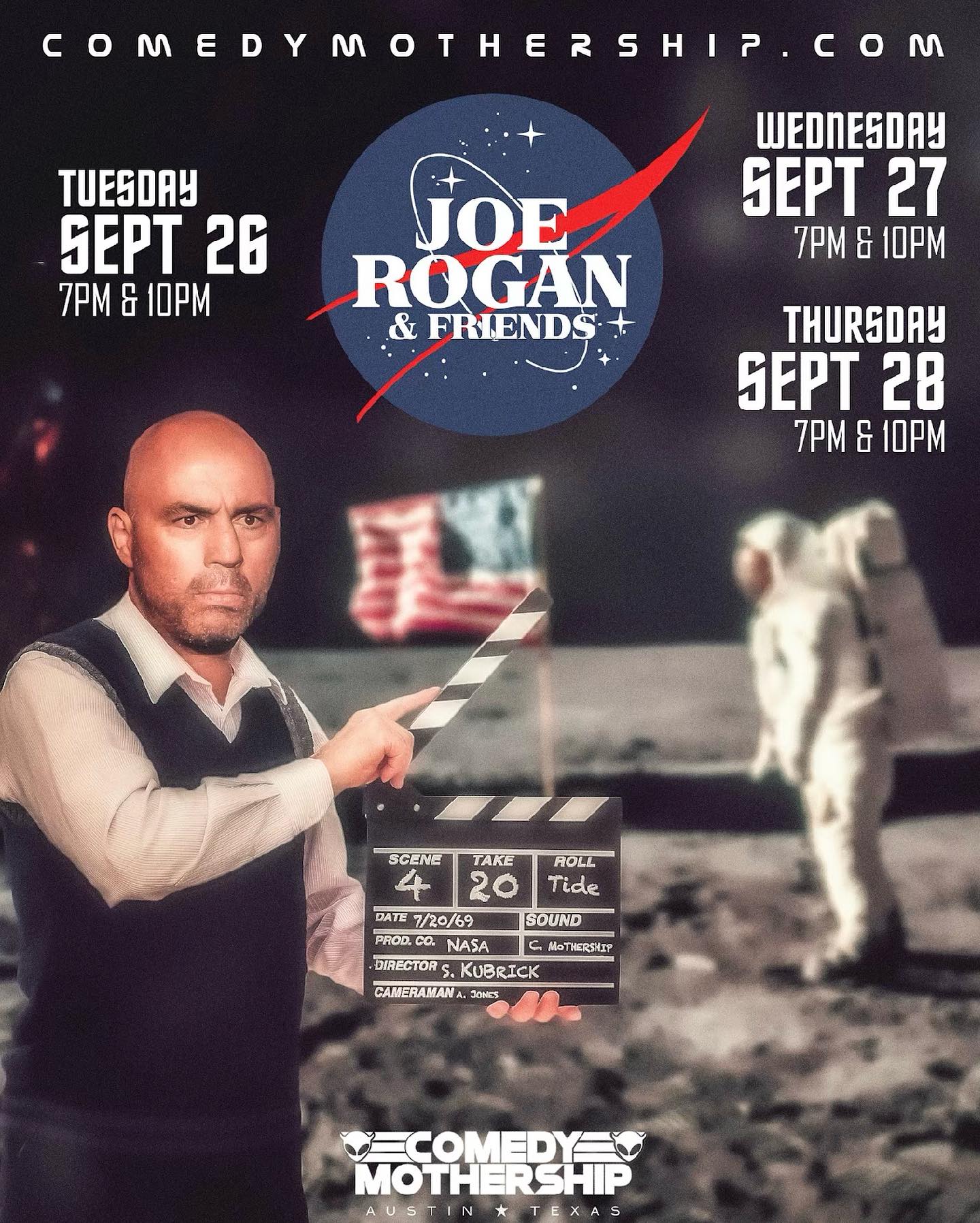 Austin! I’m at @comedymothership Tuesday Wednesday and Thursday with some hilarious humans. Tickets go on sale at 2pm CST http://comedymothership.com  @joerogan