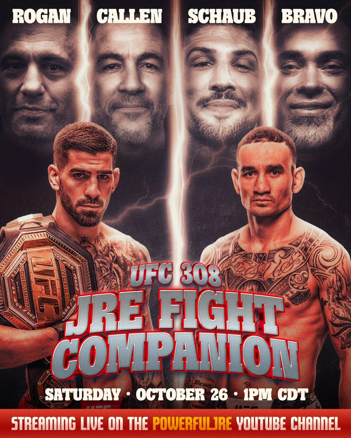 Tomorrow! Live during the main card we will be live on the PowerfulJRE YouTube channel.
@eddiebravo10p @bryancallen @brendanschaub  @joerogan