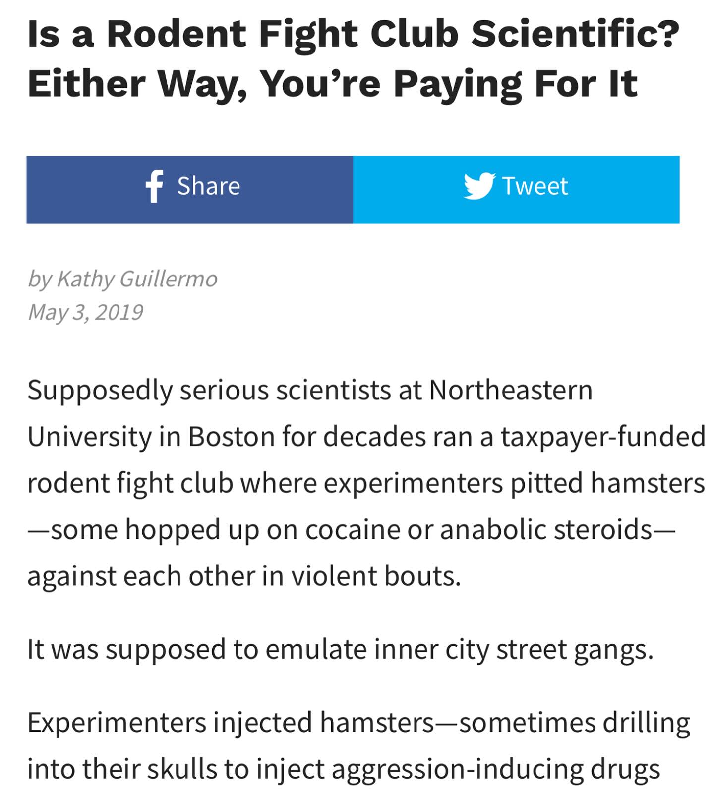 The government spent 3 million dollars funding a study where they injected hamsters with steroids and cocaine and had them fight. A completely ridiculous and unethical study, but I would love to see the data.  @joerogan