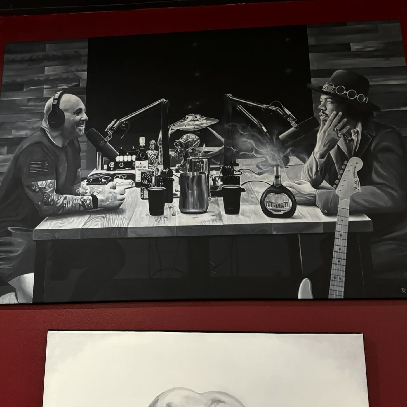 Shoutout to the great and powerful @rossbainesart for the dope painting of Hendrix on the JRE. Imagine how cool that conversation would have been…  @joerogan