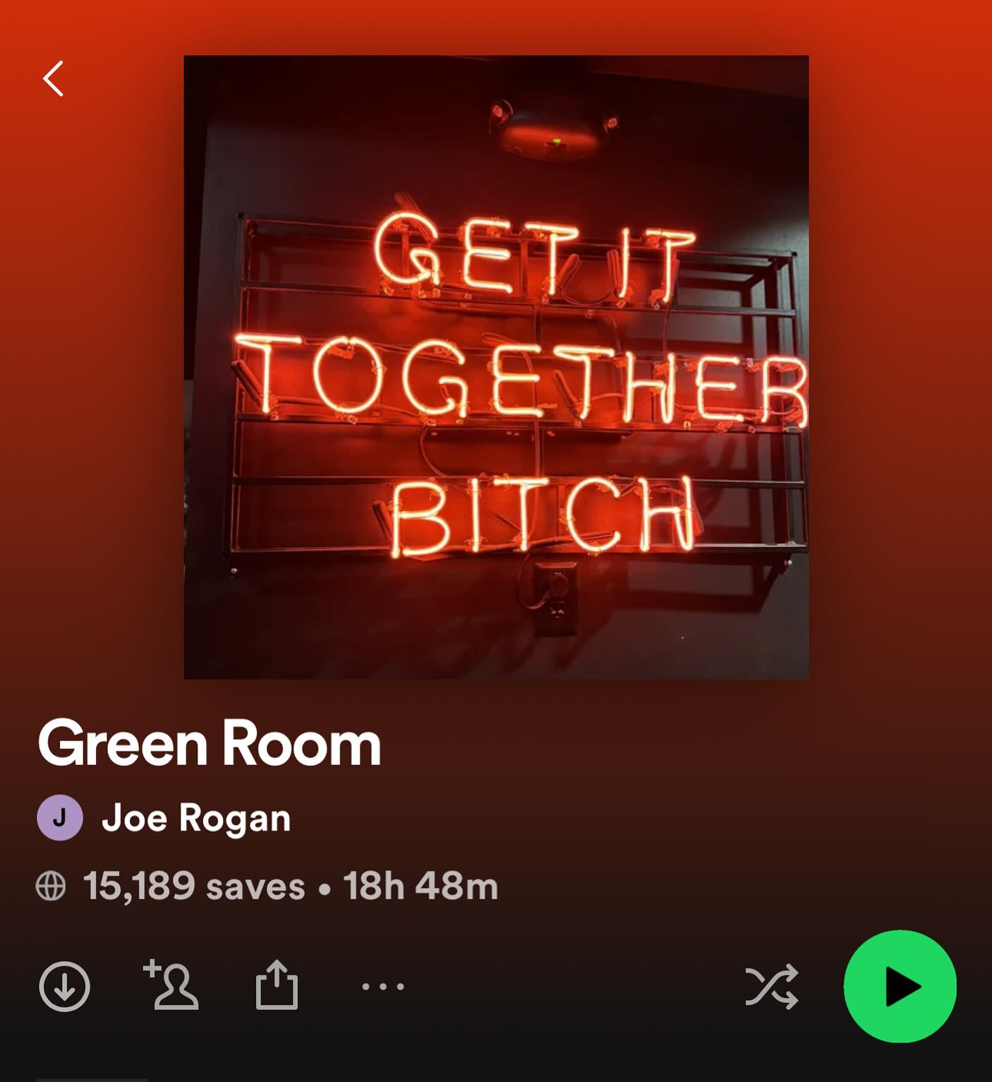 My @Spotify playlist “Green Room” is available to everyone. It’s currently over 18 hours long, and it features a pretty wide variety of artists; everything from @garyclarkjr to Nina Simone, to @jellyroll615 to Lynyrd Skynyrd to Janis Joplin and @wutangclan.
New shit gets added to it all the time, and it’s the actual playlist we use in the @comedymothership green room.  @joerogan