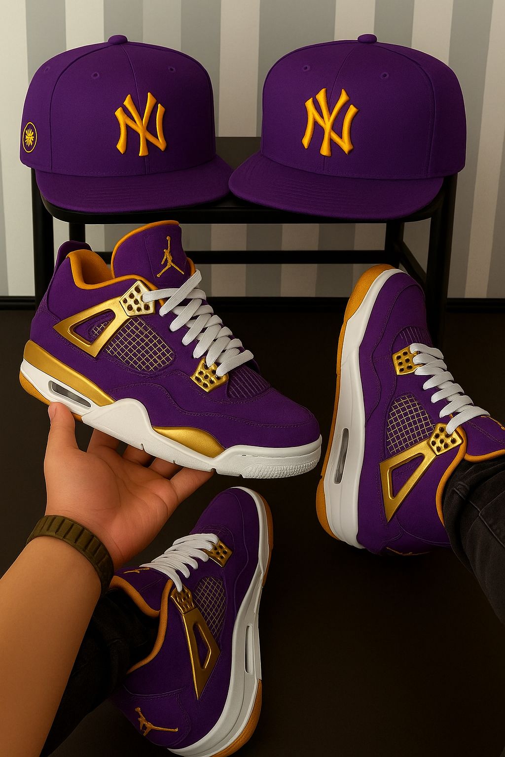 Jordan 4s just went royal. 👑🔥 This Purple & Gold heat with matching NY caps isn’t just sneakers—it’s a statement. Luxury vibes, street energy, and courtside swagger all in one fit. 💜💛 