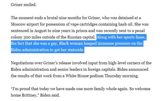 Thank you for helping me shine a light on this point, Media Matters. Turns out I read it in Politico: 

"Along with her sports fame, the fact that she was a gay, Black woman heaped immense pressure on the Biden administration to get her stateside." https://twitter.com/JasonSCampbell/status/1600916360002838528 https://t.co/eduzuVBW3x