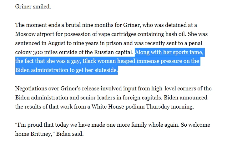 Thank you for helping me shine a light on this point, Media Matters. Turns out I read it in Politico: 

"Along with her sports fame, the fact that she was a gay, Black woman heaped immense pressure on the Biden administration to get her stateside." https://twitter.com/JasonSCampbell/status/1600916360002838528 https://t.co/eduzuVBW3x