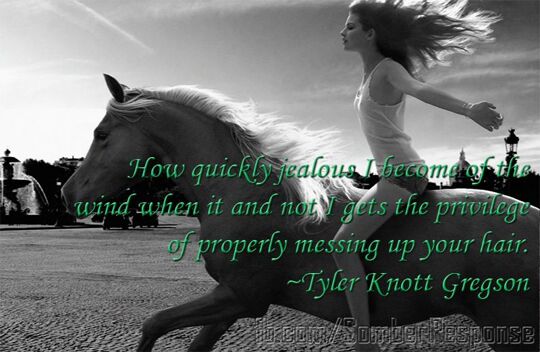 How quickly jealous I become of the wind when it and not I gets the privilege of properly messing up your hair.  ~Tyler Knott Gregson   fb.me/1BDSl7oVF t.co/WP44HSvZEq