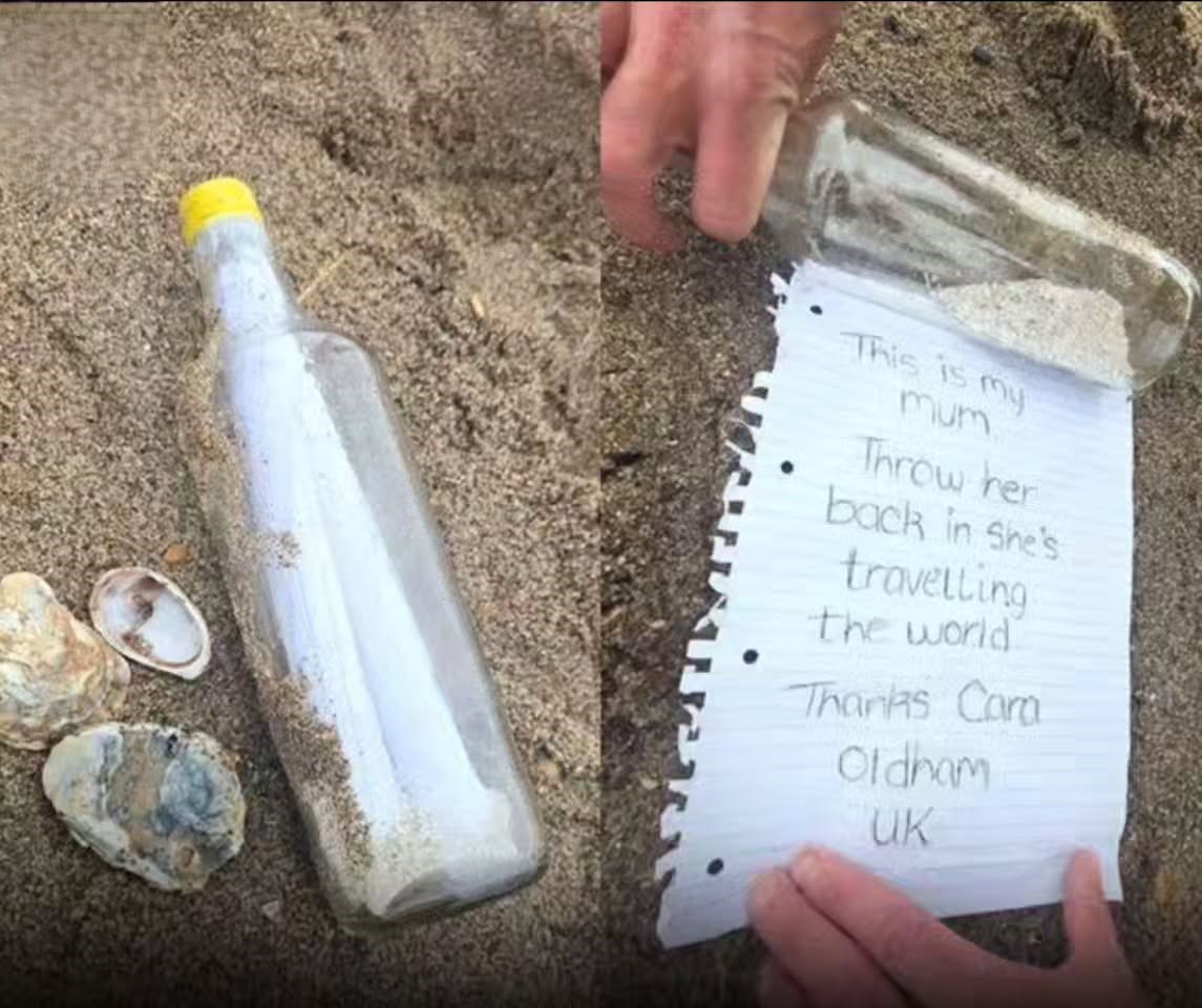 A young woman found a beautiful way to honor her late mother's lifelong dream of traveling the world. Though her mother had always longed to explore faraway places, life never gave her the chance. So, after her passing, the daughter placed her mother's ashes into a sealed bottle along with a heartfelt note, then released it into the ocean—allowing her to finally begin the journey she had always hoped for.  The note inside the bottle read: "This is my mother. Send her back to the sea—she's touring the world."  Sometime later, a woman walking along the beach stumbled upon the bottle. Curious, she picked it up and read the message inside. Deeply touched by the story, she paused to reflect, moved by the daughter's love and the symbolic voyage of a mother whose spirit was now free.  Rather than keep the bottle, the beachgoer filmed the emotional moment, then gently returned the bottle to the sea. With a soft splash, the journey continued.  This simple act of remembrance and kindness became part of a greater story—one of hope, connection, and the enduring bond between mother and child. In every wave, the mother continues to drift forward, exploring the world she never saw in life, carried by the love of strangers and the sea itself.