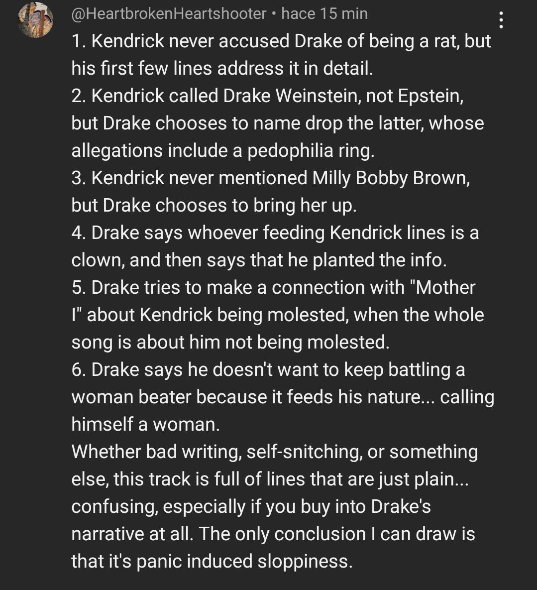 A dude on yt post this and couldn't agree more. Si I'll leave this here Sakata-stg44 r/KendrickLamar 5/6/2024, 10:11:57 AM https://www.reddit.com/r/KendrickLamar/comments/1cllggw/a_dude_on_yt_post_this_and_couldnt_agree_more_si/