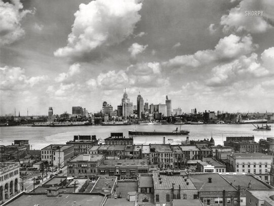 The view of Detroit, Michigan from Windsor, Ontario in 1929. 