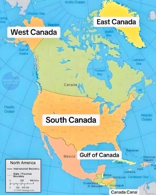 North America… or just one big Canada?  A viral geography meme is taking the internet by storm, hilariously "redefining" North America by labeling everything as Canada! In this alternate map, the U.S. becomes South Canada, Mexico is now the Gulf of Canada, Greenland turns into East Canada, and even major waterways get a makeover—say hello to the Canada Canal!  This satirical take on geopolitical borders has social media in stitches, resonating with geography buffs, travelers, and meme lovers alike. Influencers and content creators are jumping on the trend, proving once again that the internet loves a good map-based joke!  What do you think—should we all just embrace our inner Canadian?     #ViralMeme #FunnyMaps #GeographyHumor #CanadaEverywhere #NorthAmerica #TrendingNow #SocialMediaLaughs #MemeMarketing #TravelHumor #InternetGold