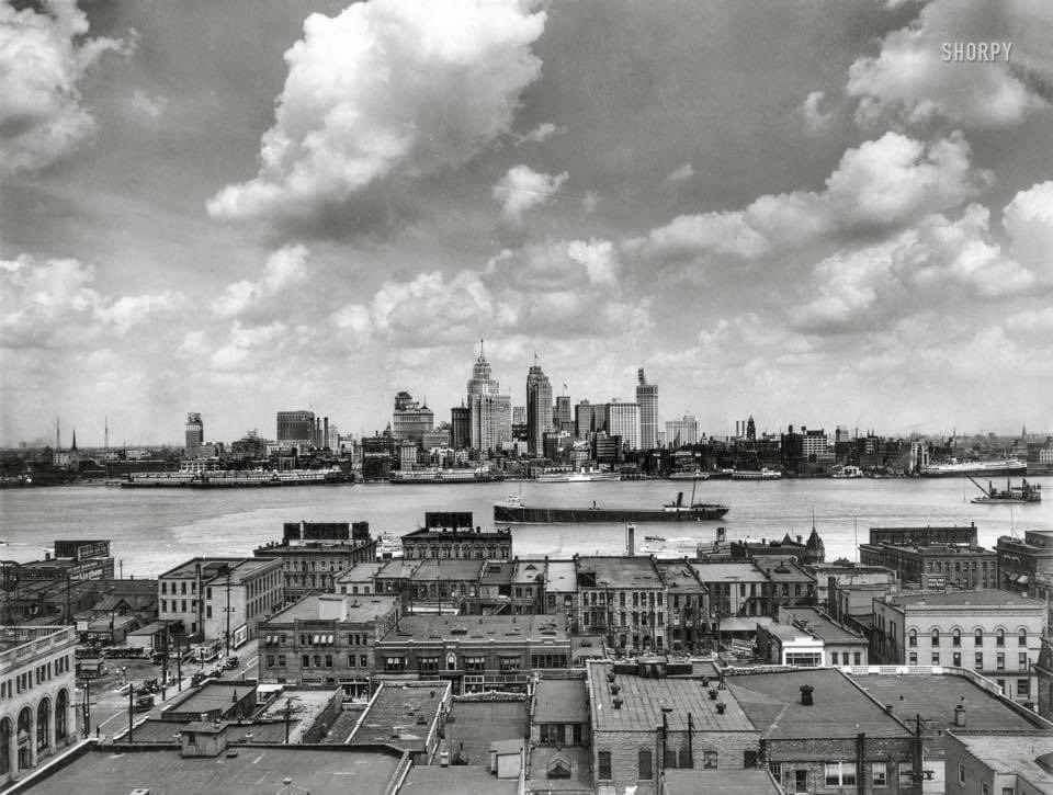 The view of Detroit, Michigan from Windsor, Ontario in 1929. 
