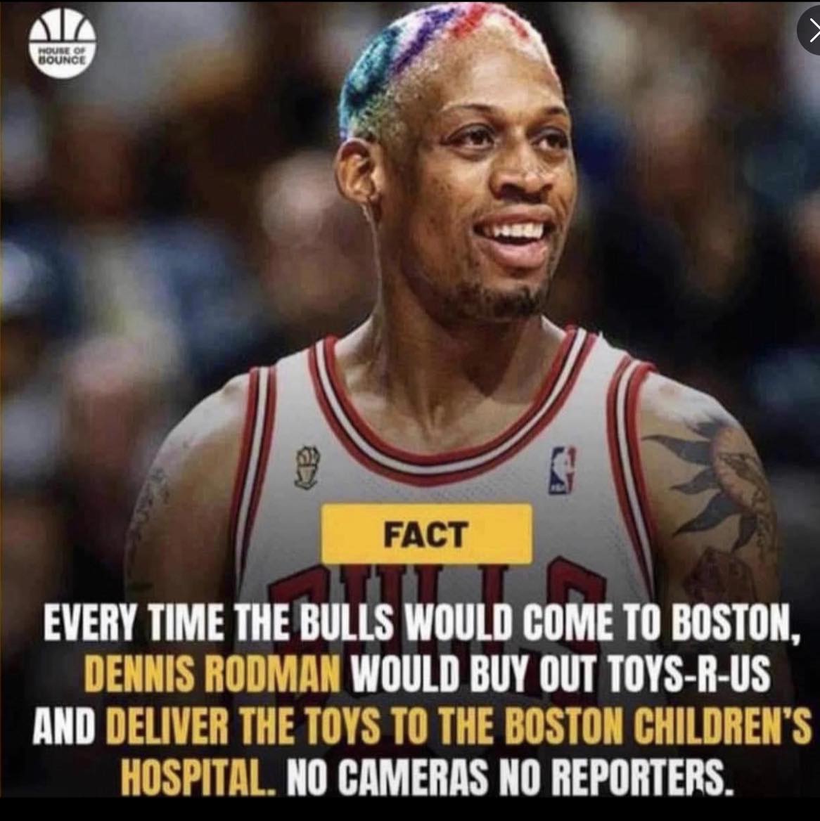 The side nobody talks about Dennis Rodman  My late cousin had MS and got special court side tickets to the Bulls, when Rodman was on the team, circa 1996. Jordan, Pippen didn’t come over to see him. The only Bull who did come over, sit down with him, and hang out, was Dennis Rodman. 